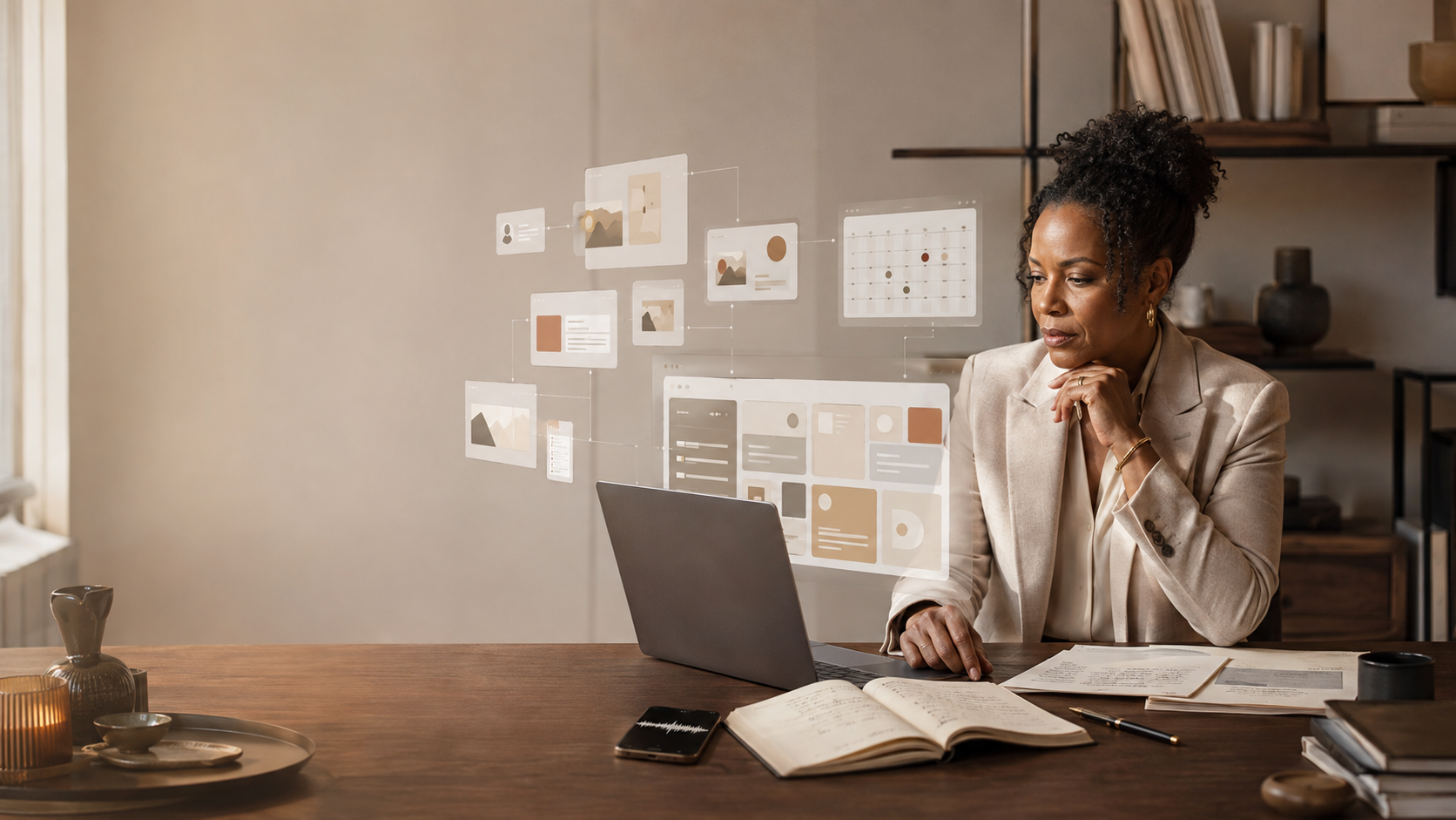 Professional woman working on laptop with floating digital content panels in a modern home office setting.