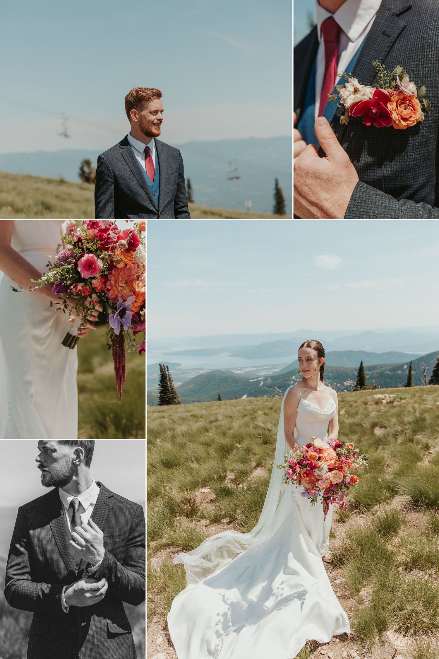Bride and groom sharing a scenic first look at Schweitzer Mountain in North Idaho