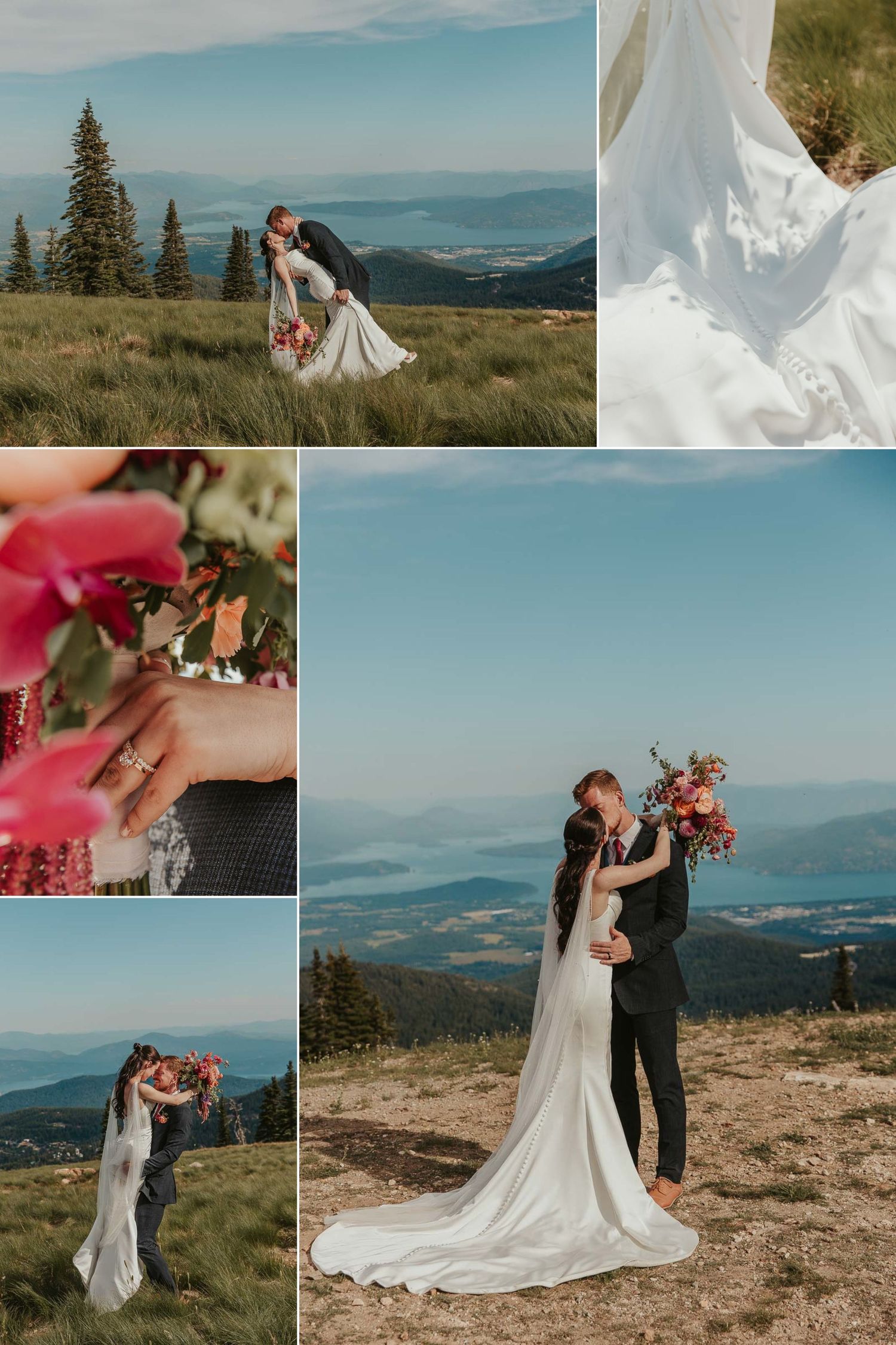 Colorful pink orange and coral wedding flowers at a North Idaho mountain wedding