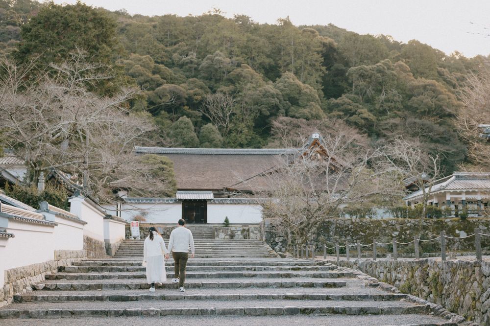 Couple walking hand in hand up stone steps toward traditional Japanese temple gate surrounded by trees.