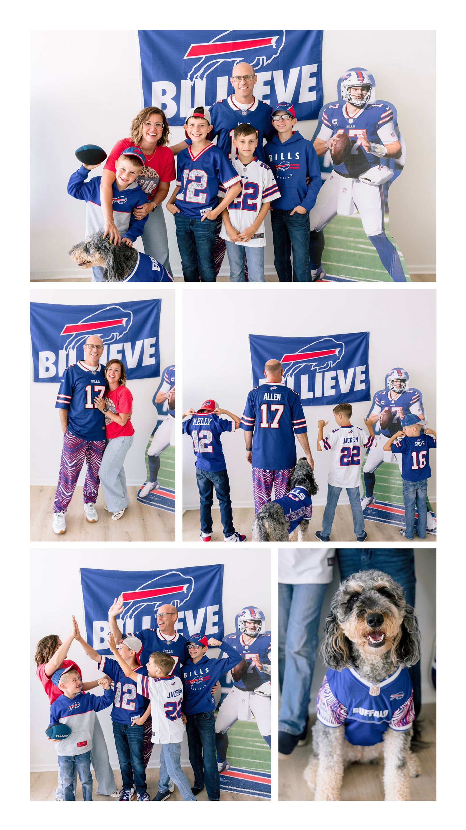 Buffalo Bills fan family poses with player cutout and BILLIEVE banner, wearing jerseys, with dog in Bills gear.