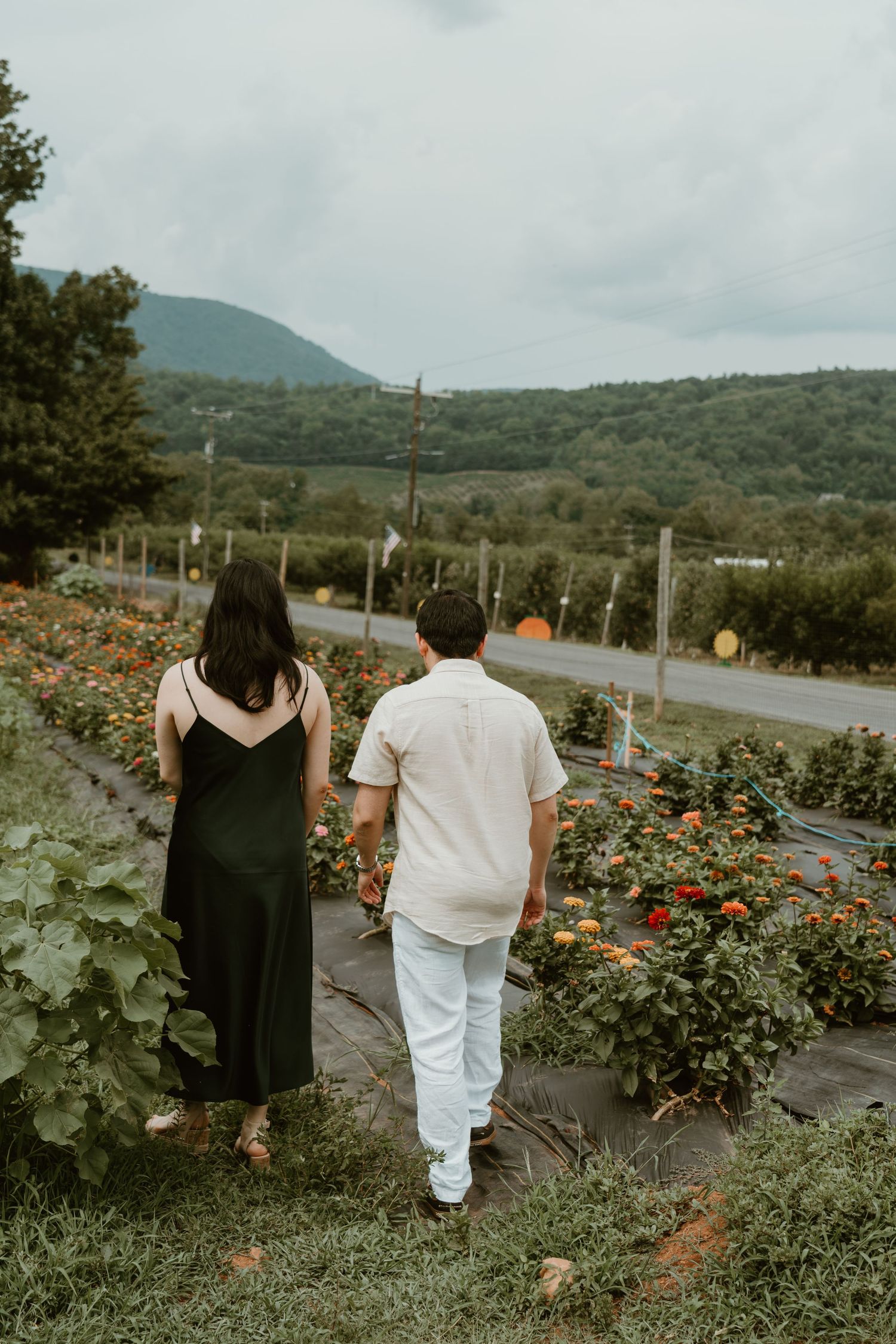 Couple walking hand in hand through a colorful flower farm with lush green mountains in the background.