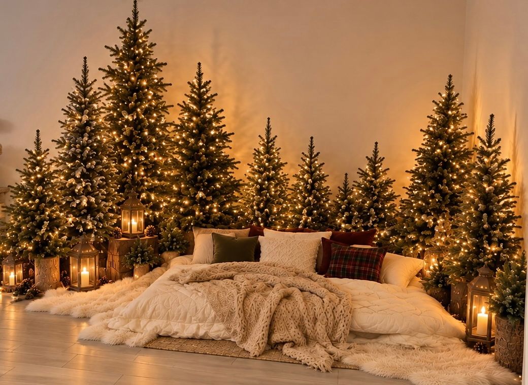 Forest-inspired Christmas mini session bedroom setup at Andra’s Photography studio in Vilvoorde