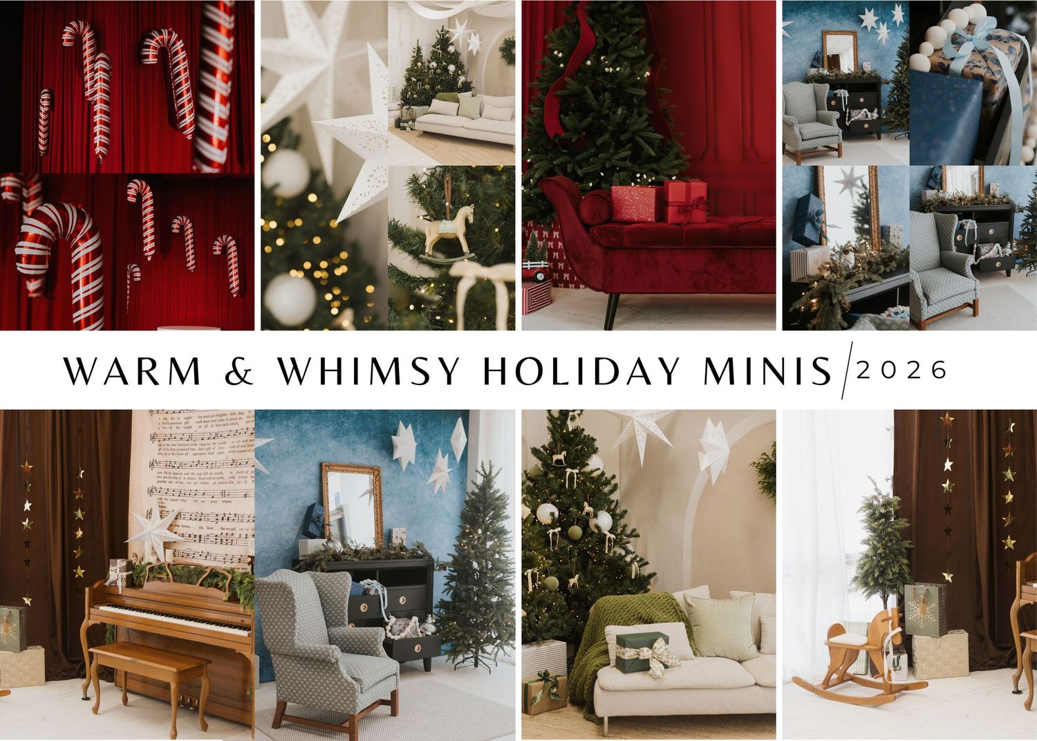Warm and whimsy holiday mini photo session backdrops featuring Christmas trees, candy canes, and cozy festive decor for 2026.
