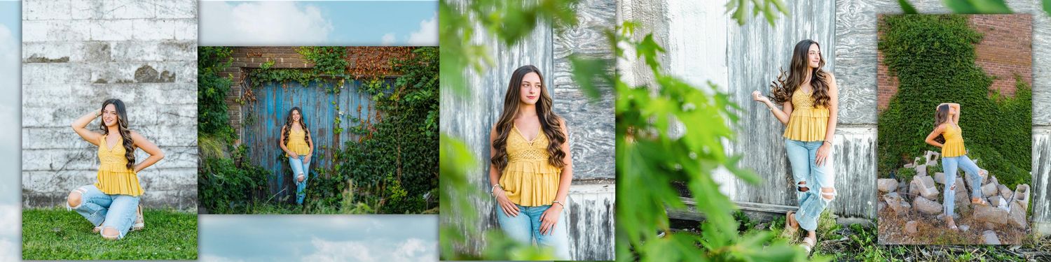 Teen girl in yellow top and jeans poses against rustic white brick wall surrounded by lush green ivy outdoors.