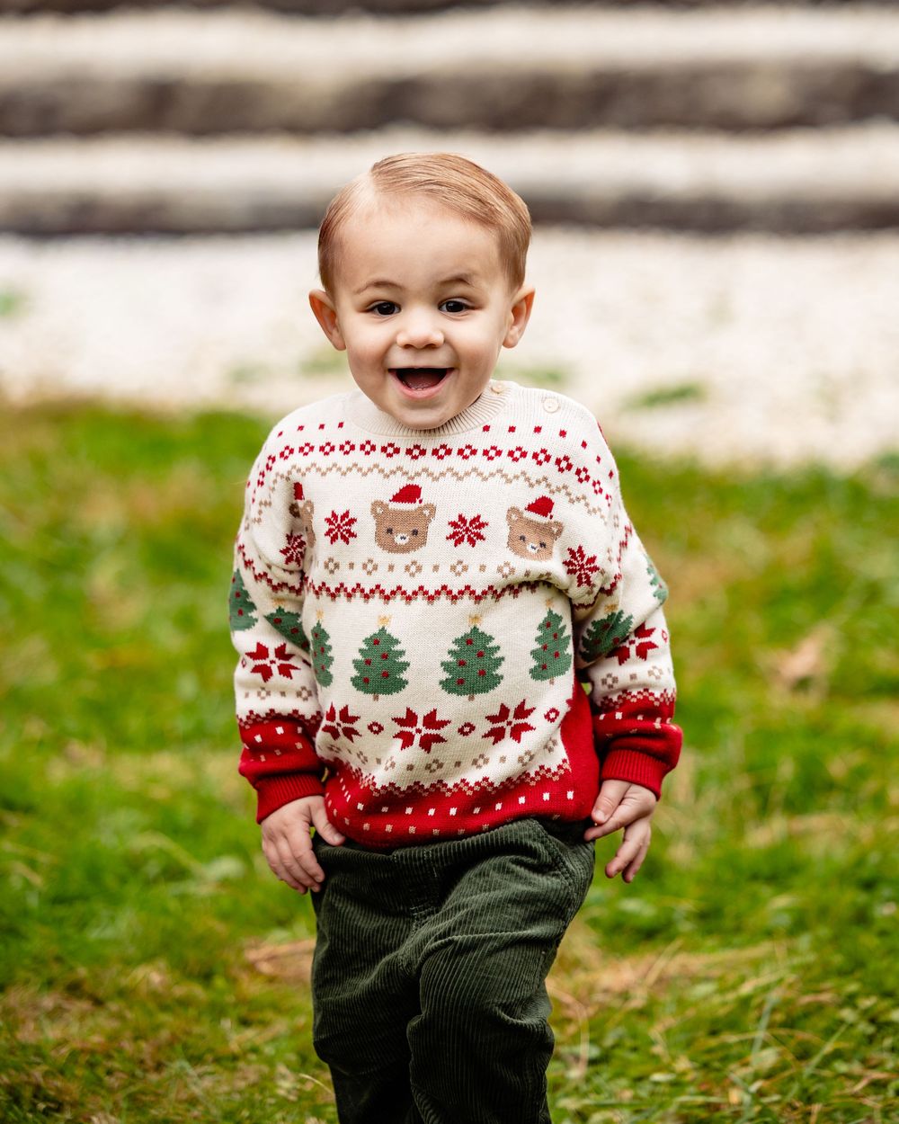 Smiling toddler in a festive Christmas sweater with trees and bears, wearing dark green pants, standing on green grass.
