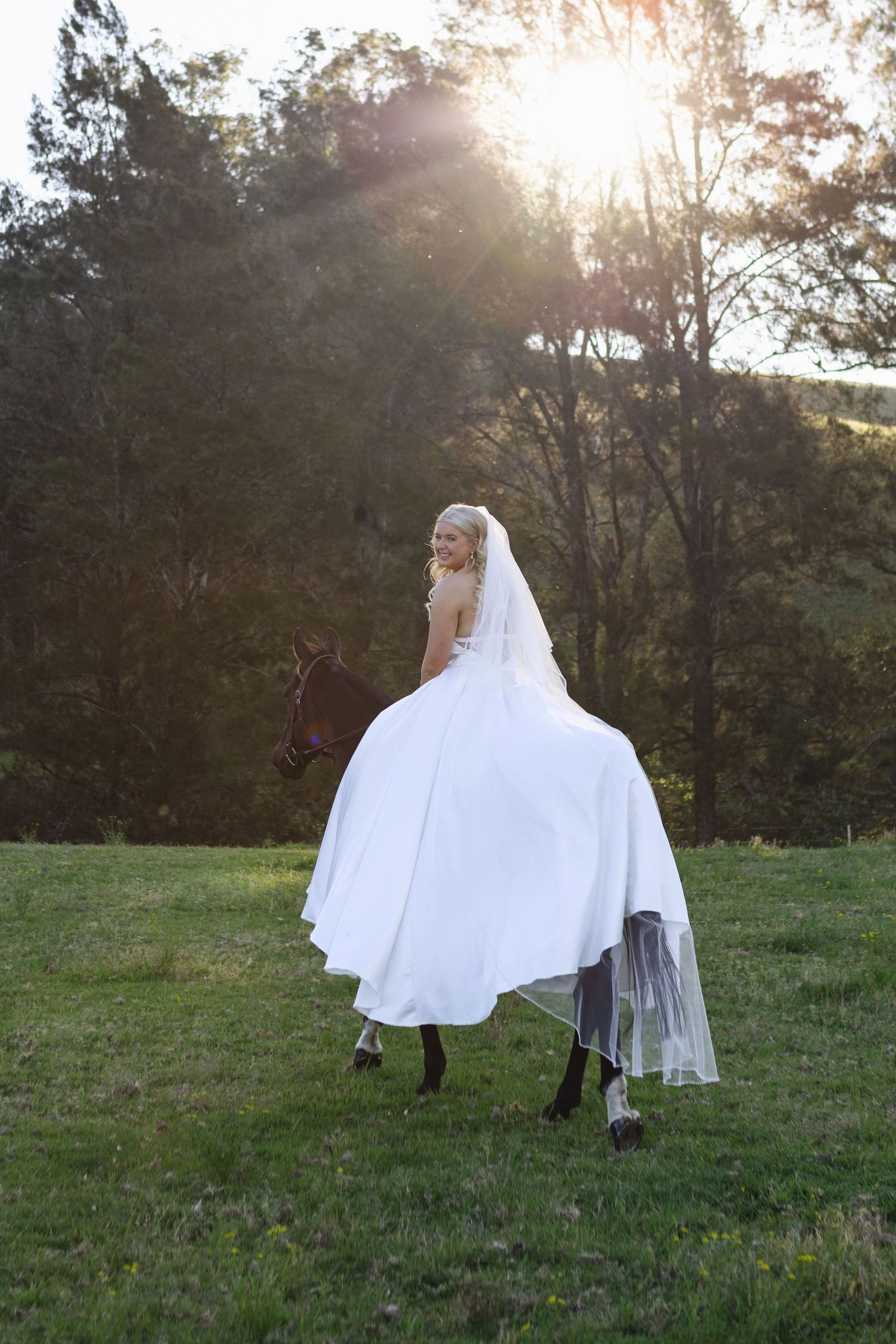 Jess and her horse during sunset wedding portraits at Dungog Wedding in the Hunter Valley NSW