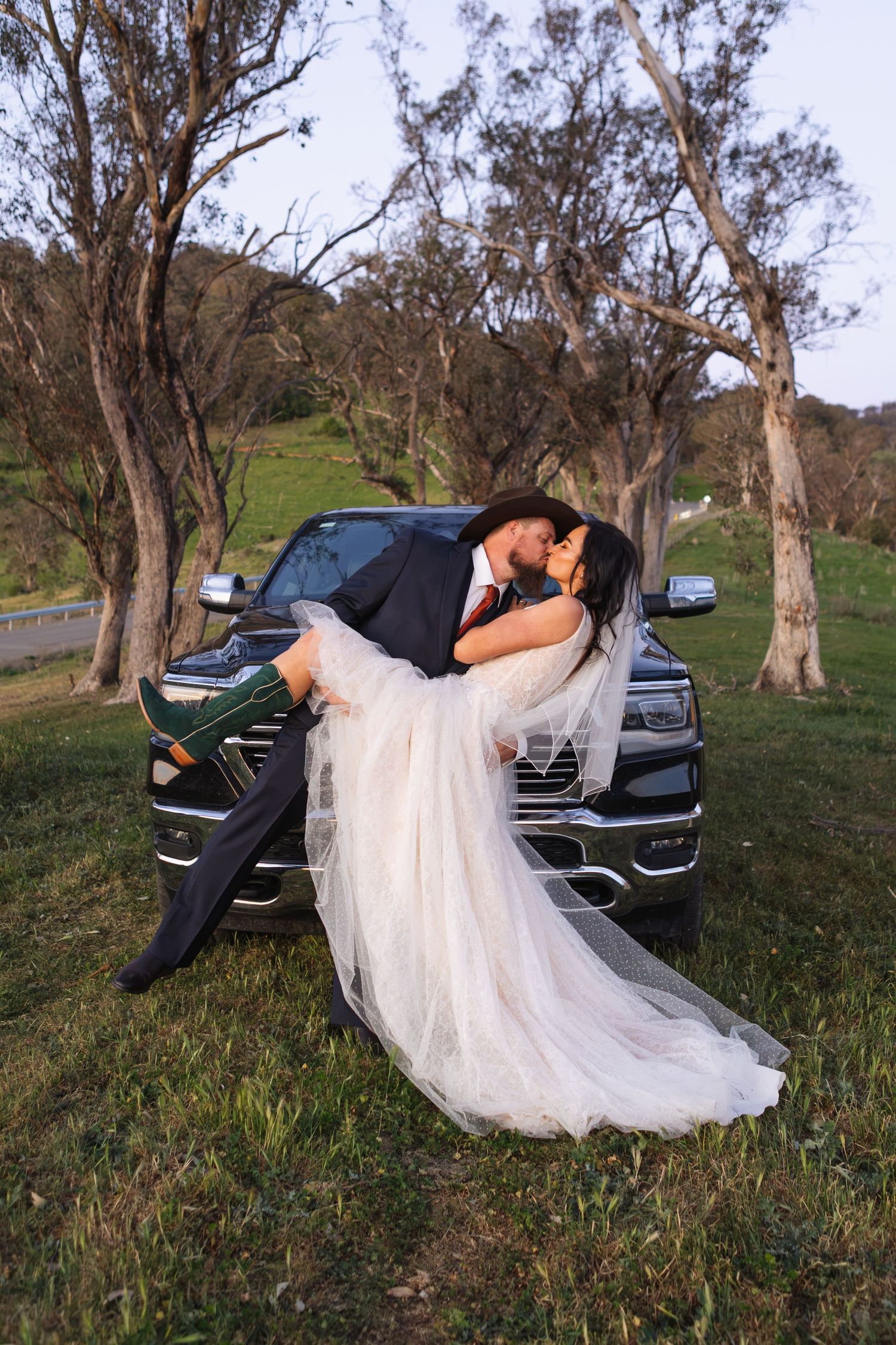Kylie and Jono during sunset wedding portraits in the Upper Hunter Valley