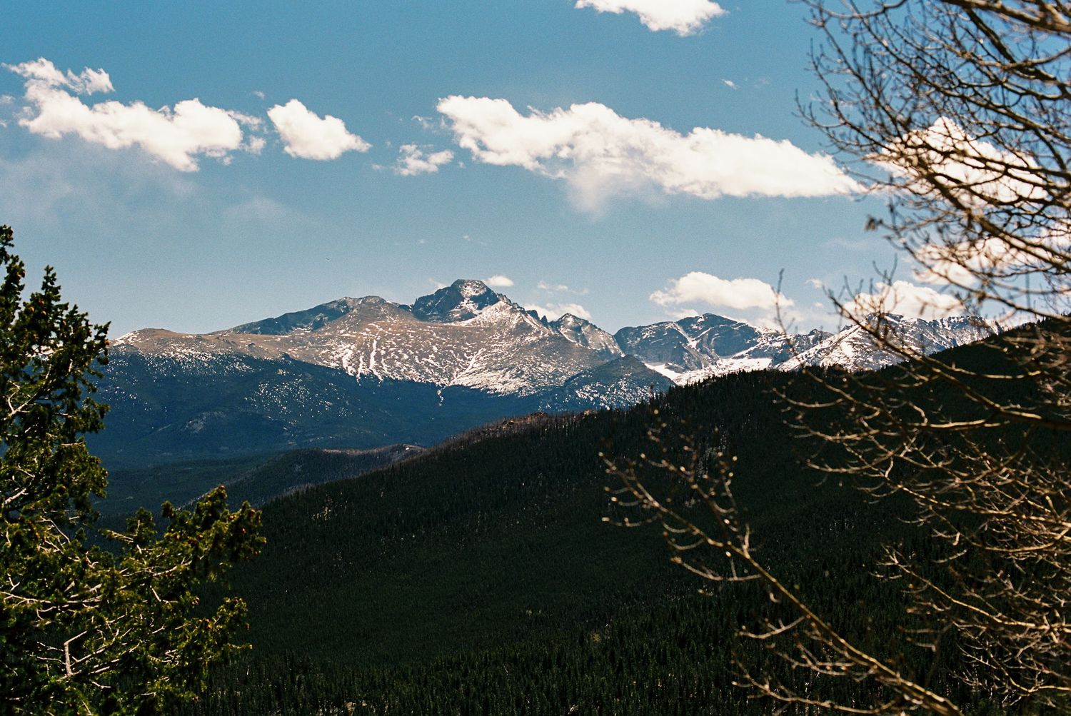 Snow-capped Rocky Mountain peaks rise above dense evergreen forests under a partly cloudy blue sky.