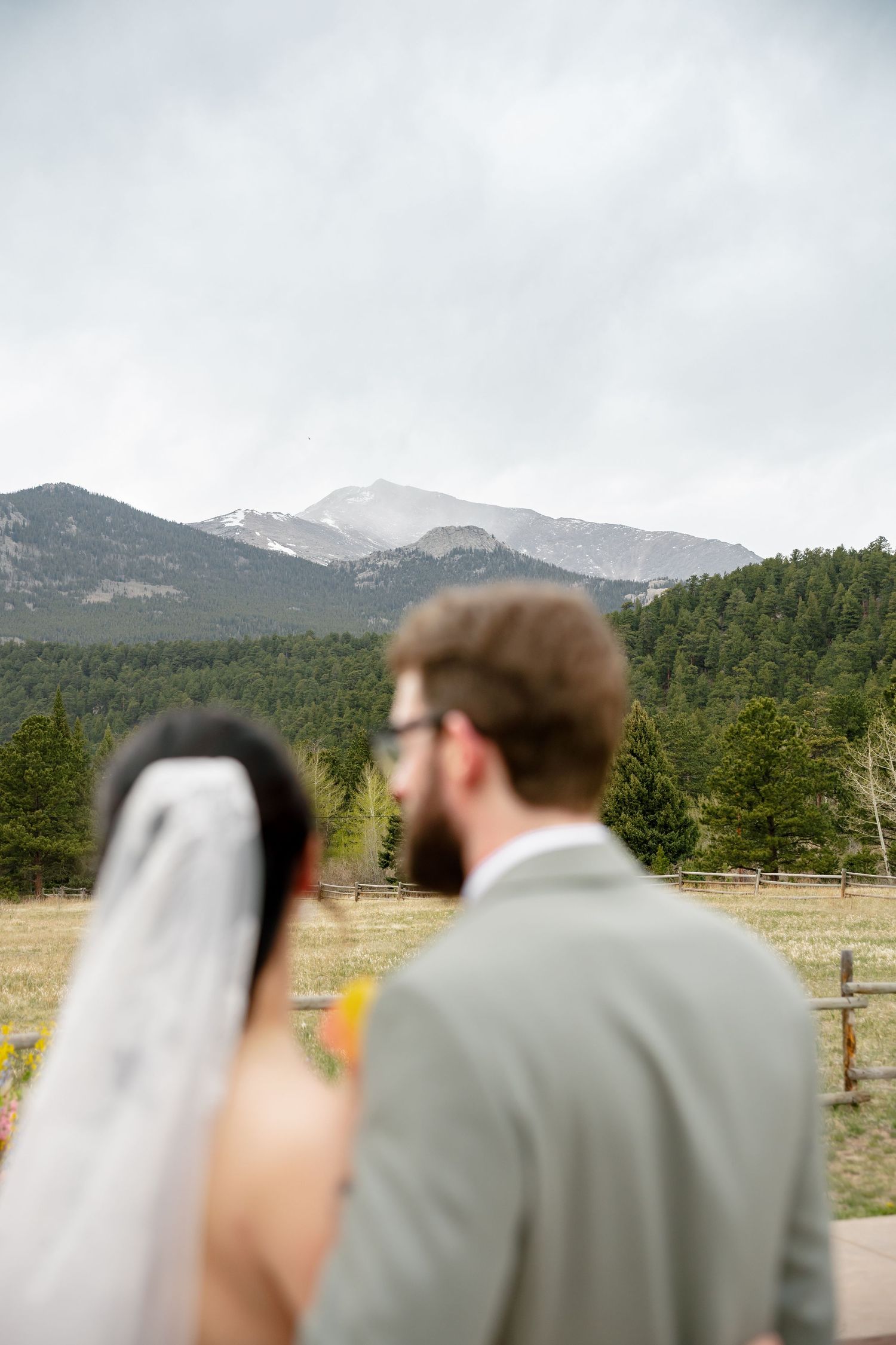 Bride and groom stand together overlooking a scenic mountain landscape with pine forests during their outdoor wedding ceremony.