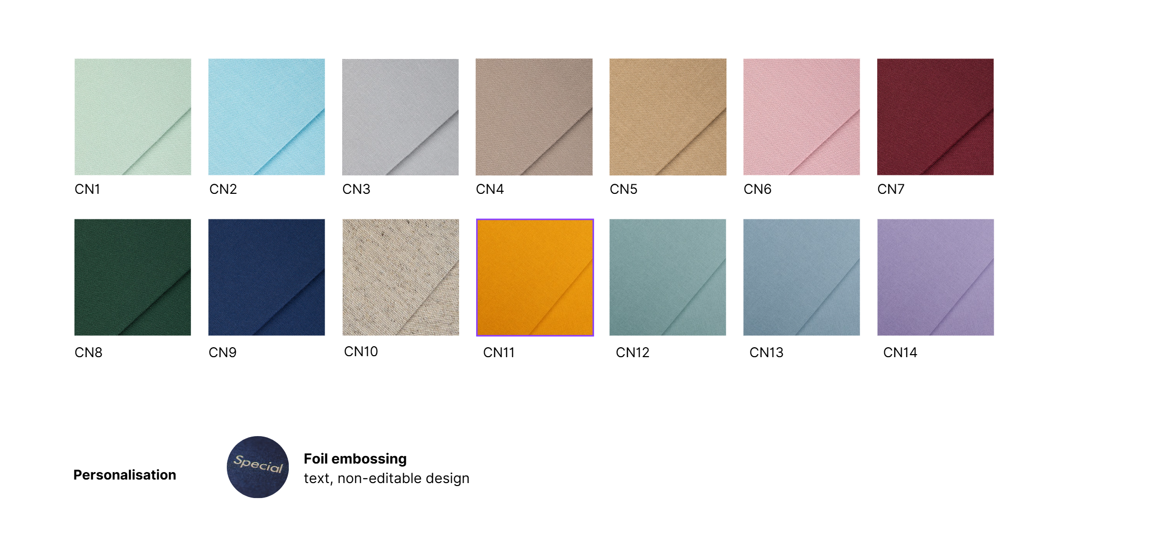 Color swatch chart displaying 14 envelope shades from pastels to deep tones, with foil embossing personalization option.