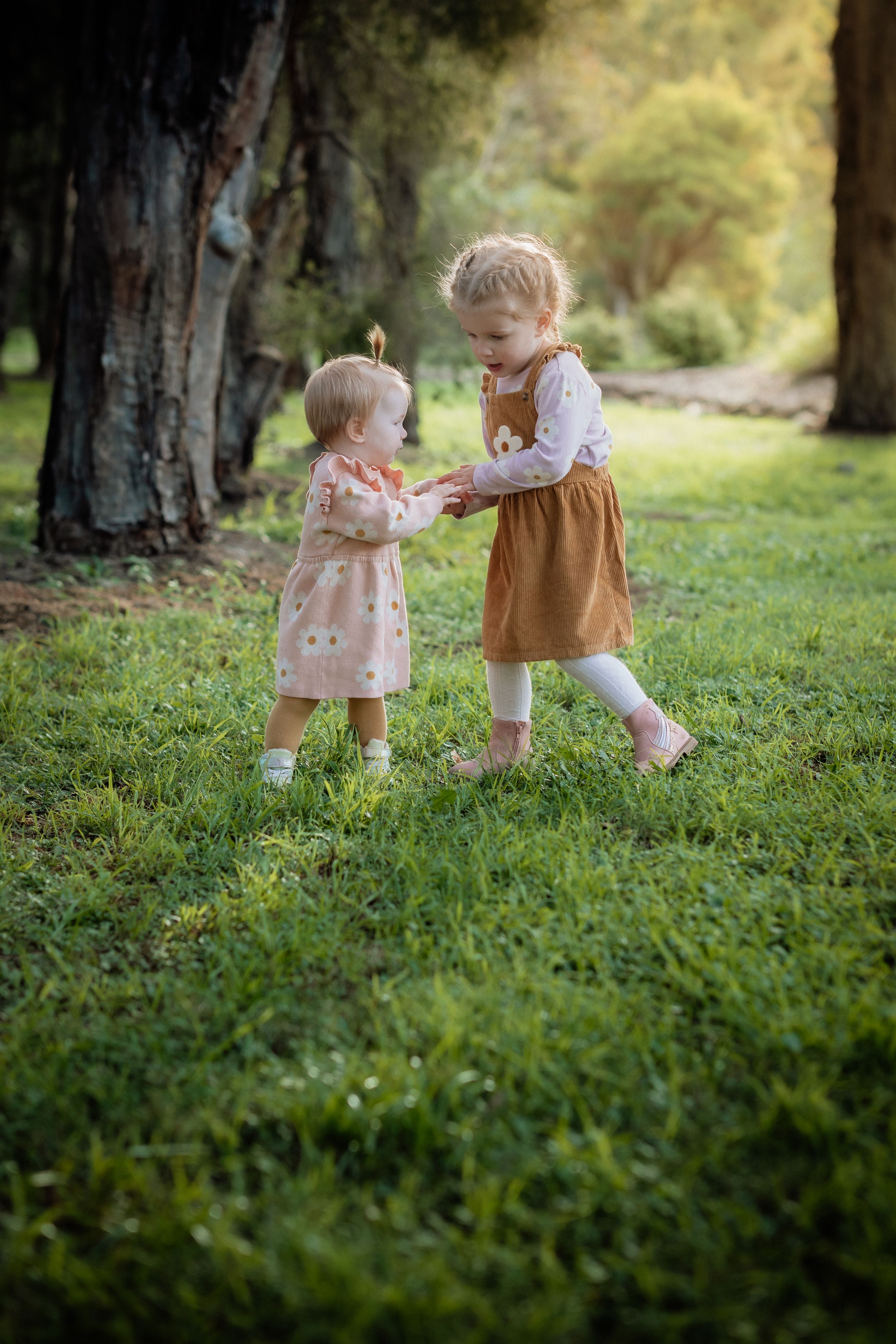 Two toddler girls in dresses playing together on green grass in a sunlit park with large trees in Beaumont Hills
