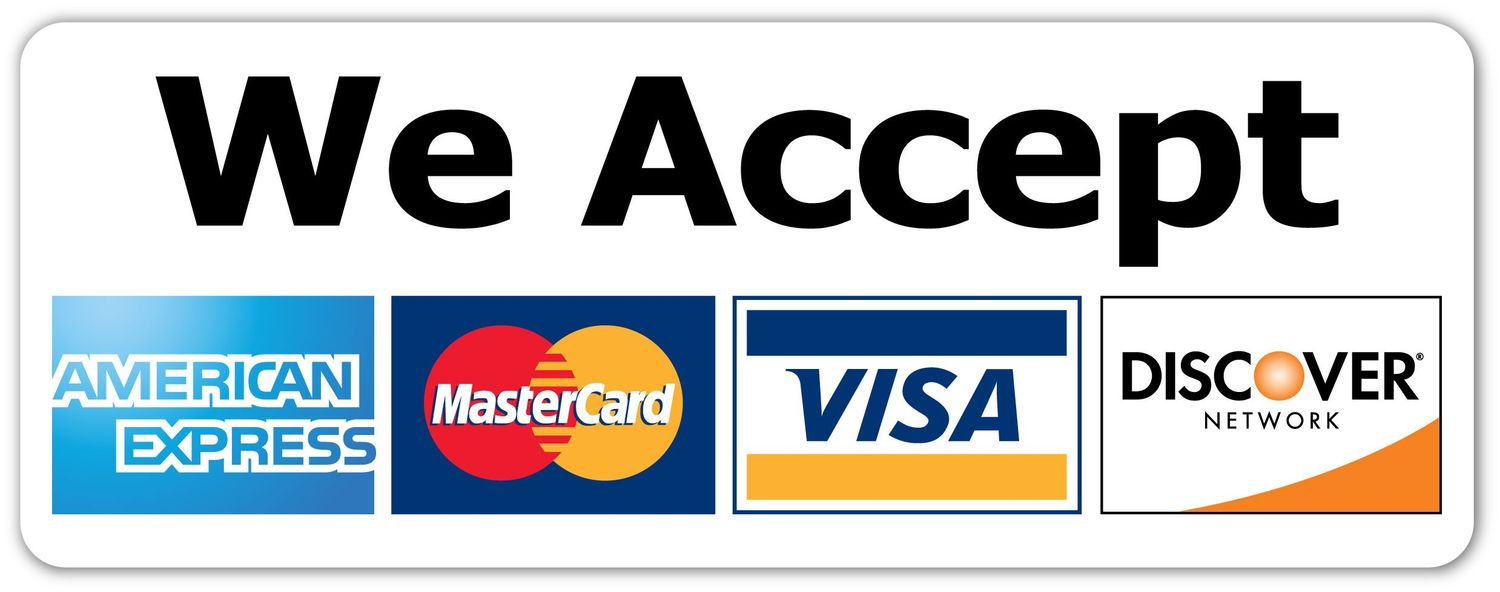 We Accept American Express, MasterCard, Visa, and Discover Network credit card payment methods sign.