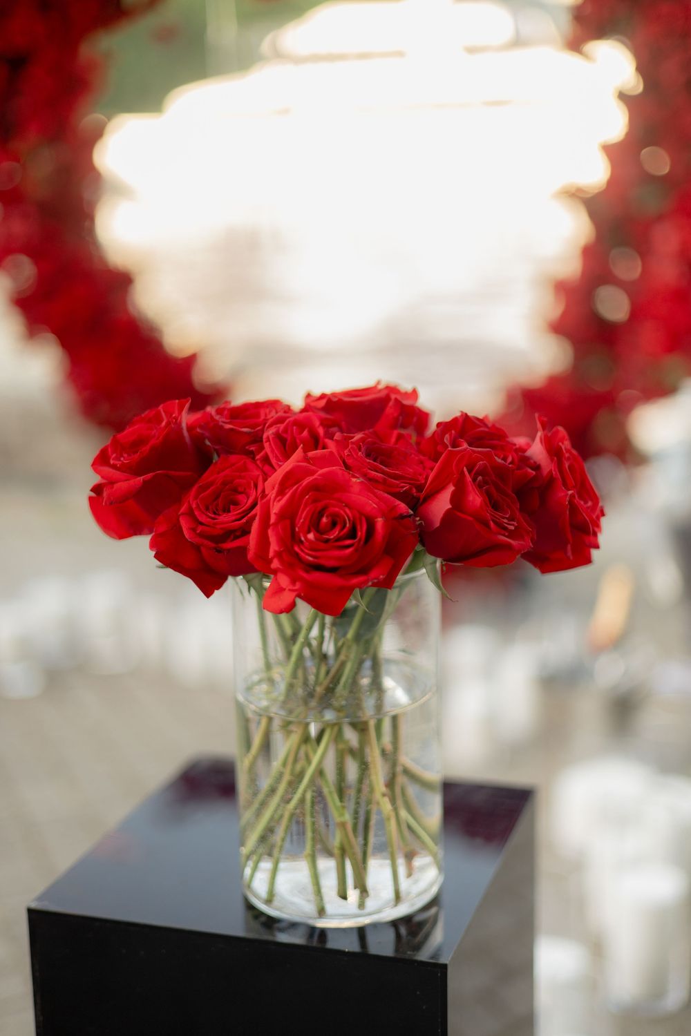 Heart-shaped red rose arch with illuminated Will You Marry Me sign by a waterfront.