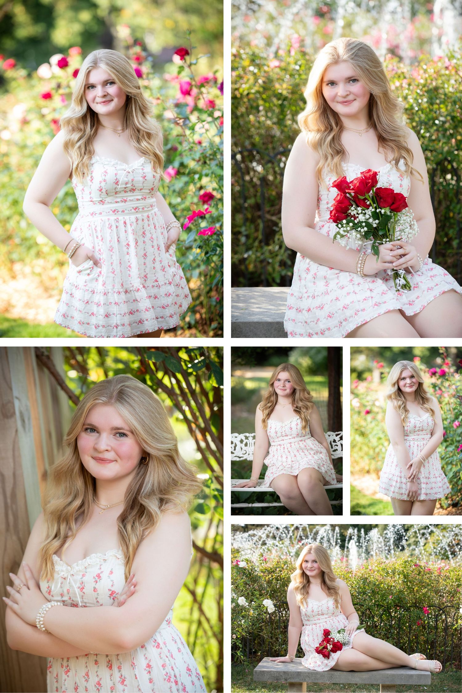 Olentangy senior pictures at Columbus Park of Roses with floral dress, rose gardens, and beautiful outdoor senior portraits.
