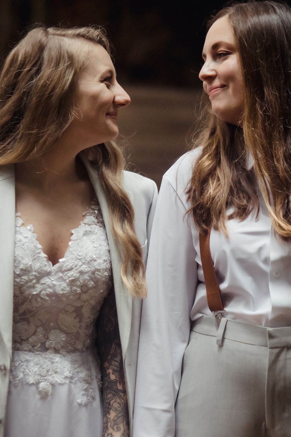 Two brides in a portrait on their elopement in the redwoods