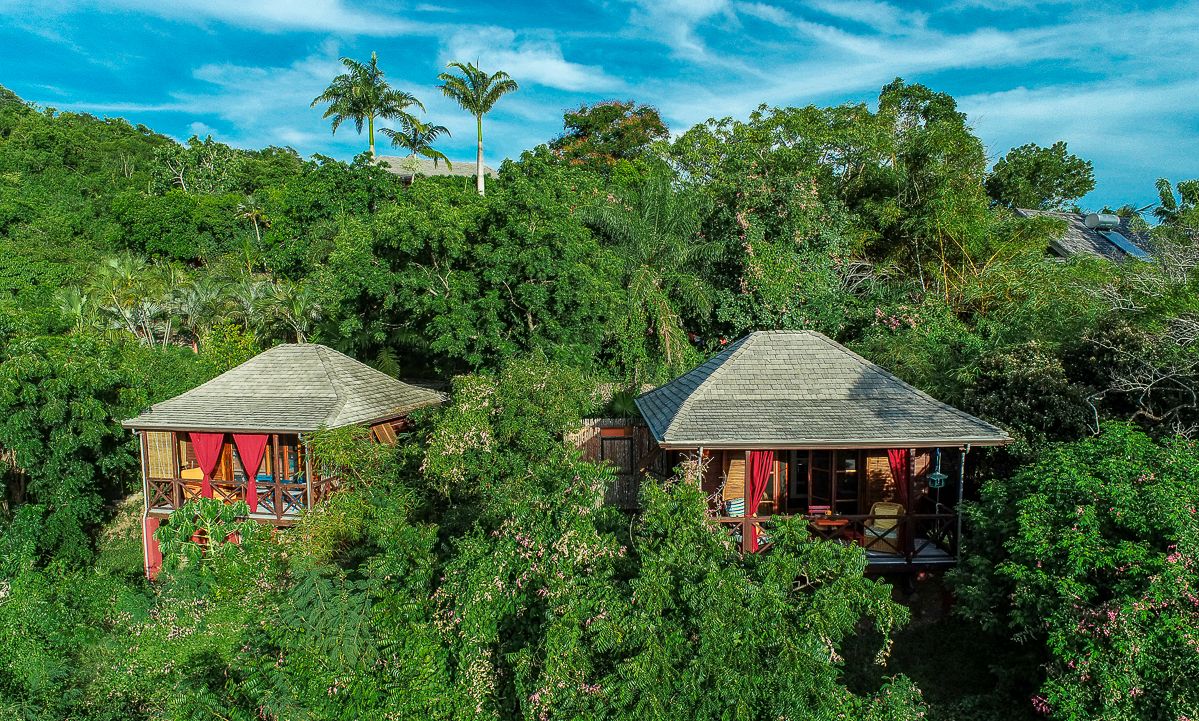 Aerial view of two thatched-roof bungalows nestled among lush tropical trees at a luxury jungle resort.