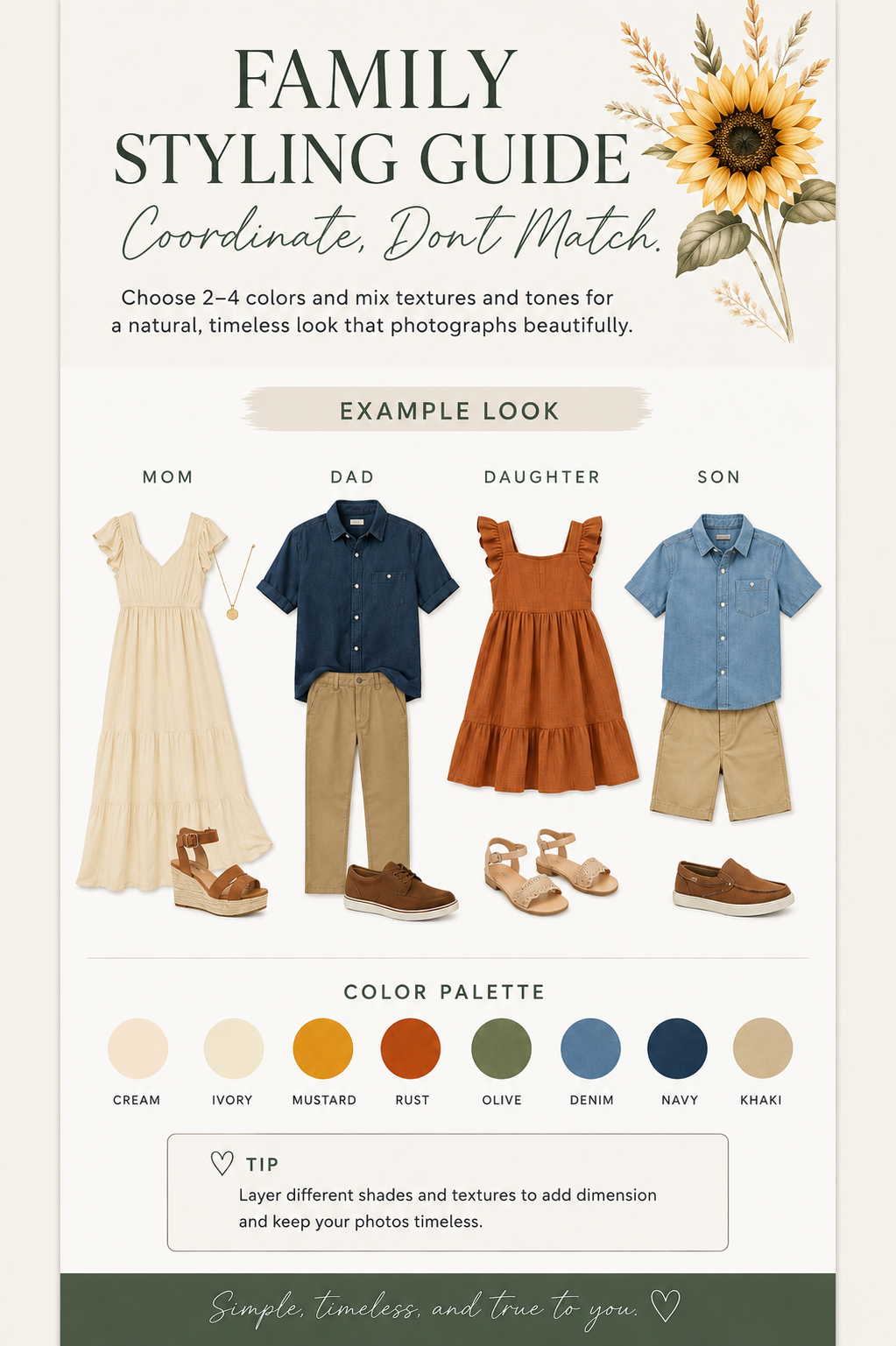 Family styling guide infographic showing coordinated outfits in cream, mustard, rust, olive, denim, navy, and khaki tones.