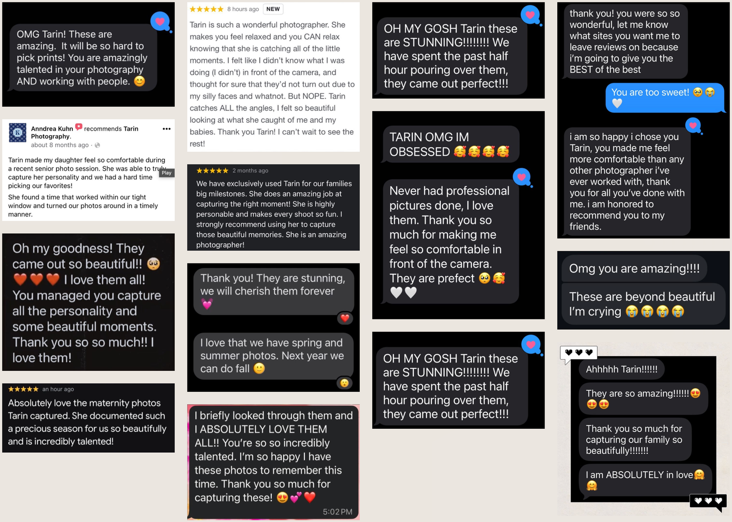 Collage of glowing client reviews and text messages praising a family and maternity photographer for her beautiful photos.