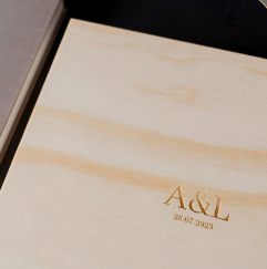 Elegant wooden box with gold engraved initials A&L and date 28.07.2023, perfect personalized wedding keepsake gift.