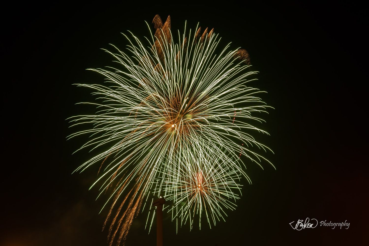 Green and white fireworks burst against a dark night sky in a stunning long-exposure photography shot.
