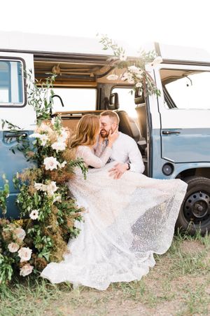wedding couple in vintage bus in Breckinridge, CO
