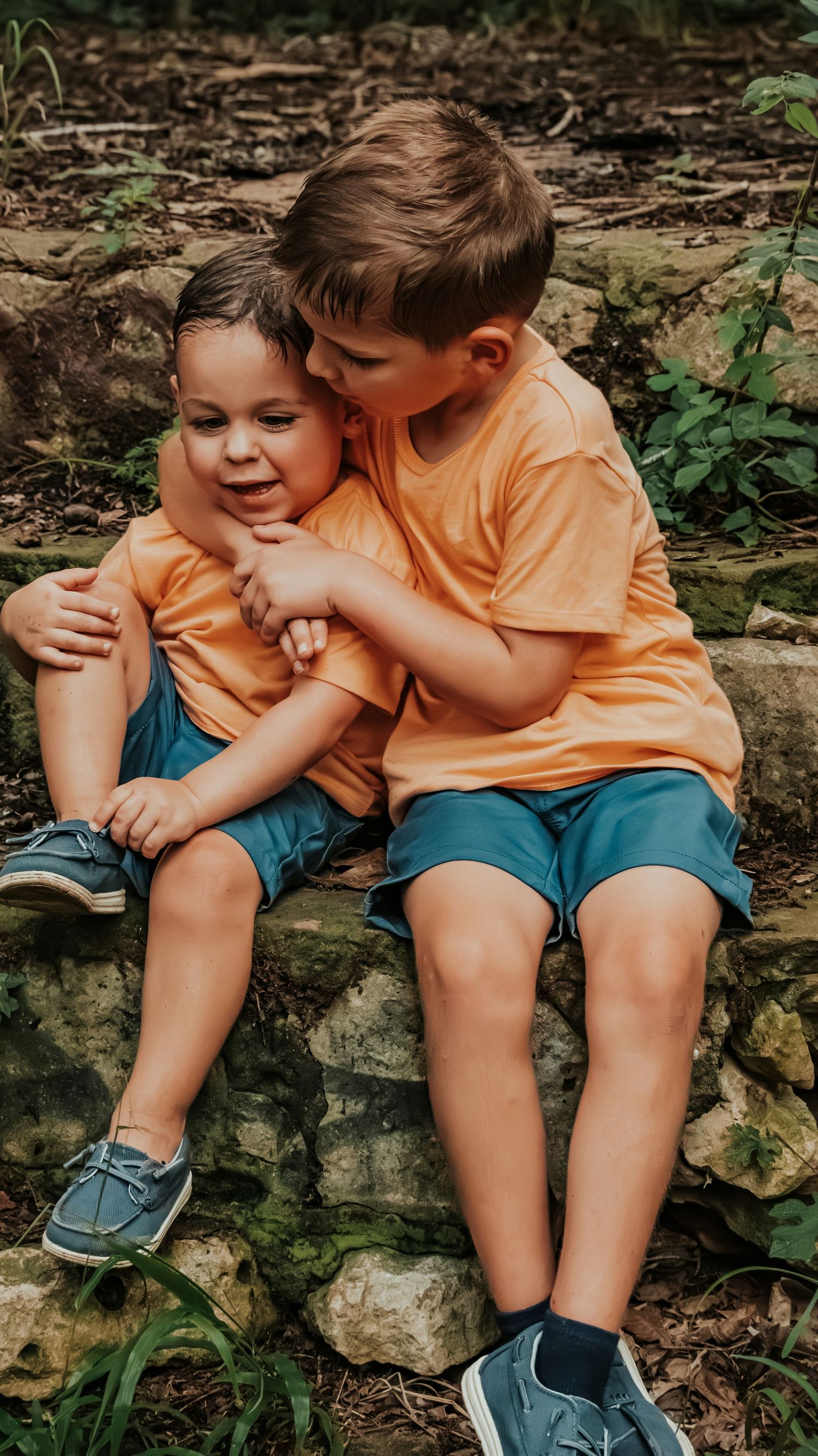 Two young brothers in matching orange shirts and blue shorts sit together on stone steps, sharing a sweet embrace outdoors.