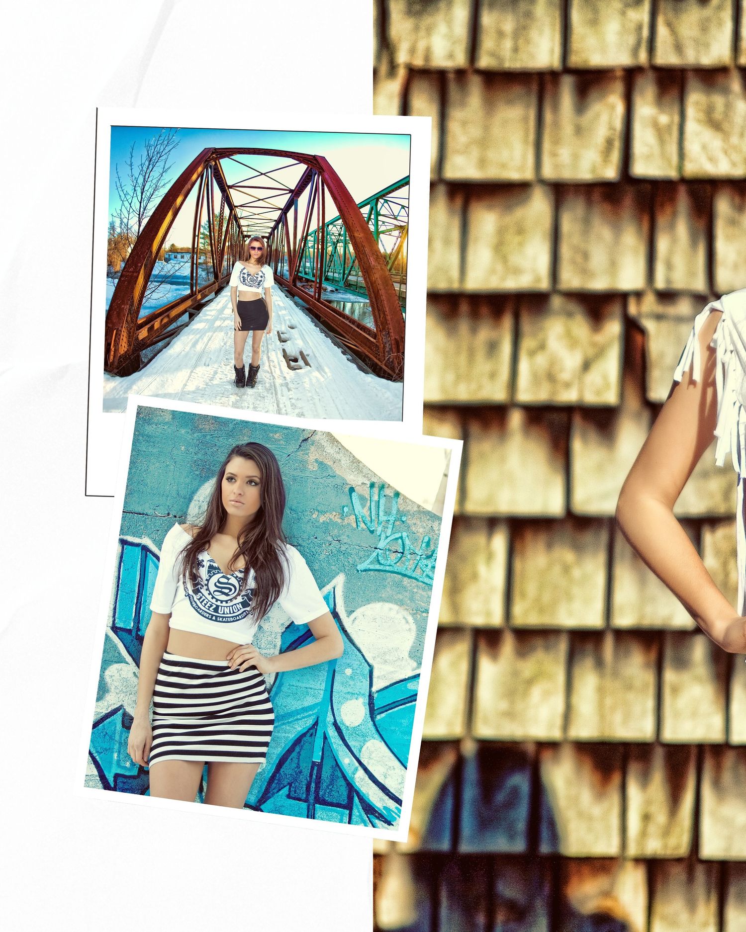Young woman in striped mini skirt and white top posing near graffiti wall and on a red iron bridge in winter.