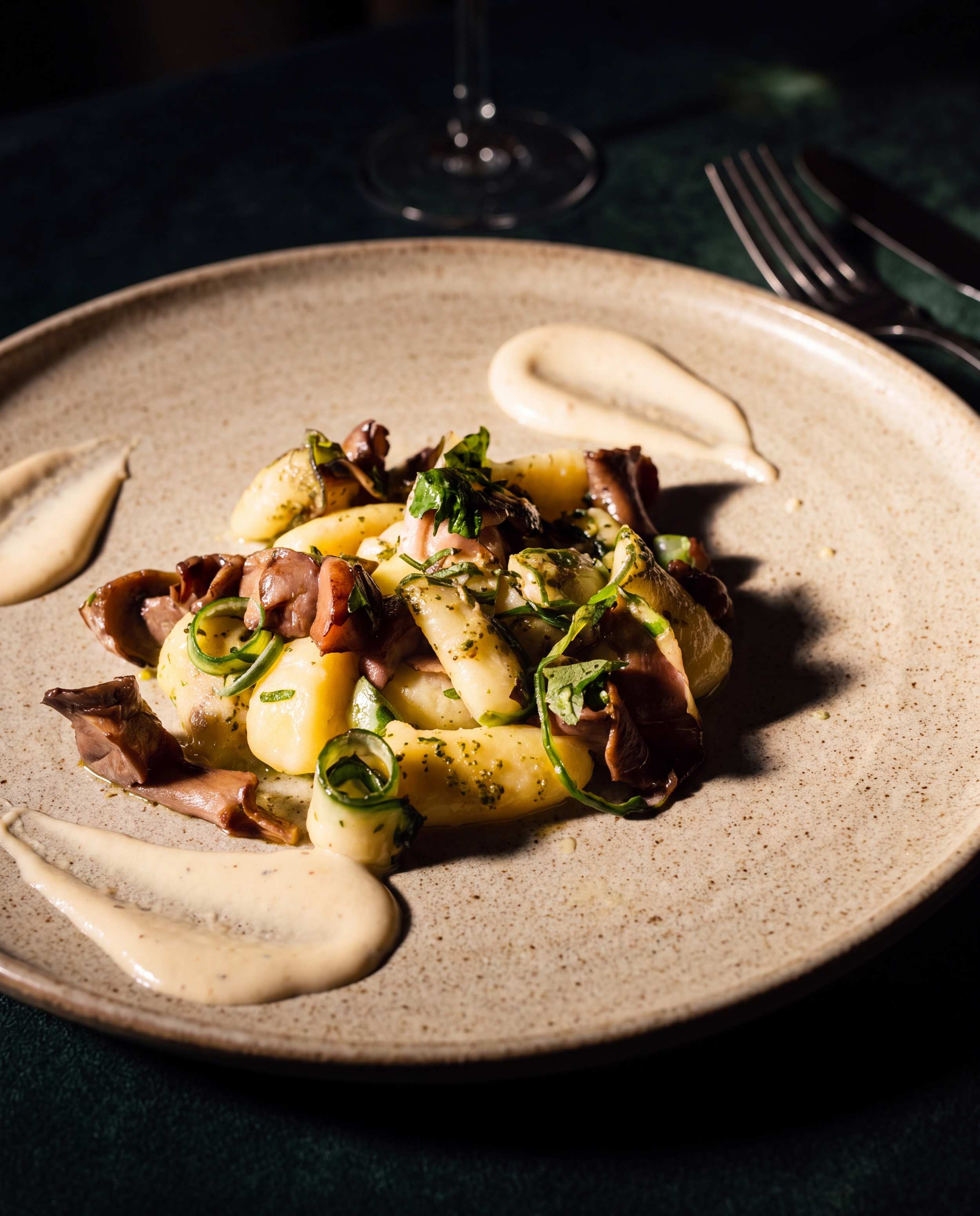 Gourmet gnocchi dish with braised meat, fresh herbs, and creamy sauce on a rustic ceramic plate.