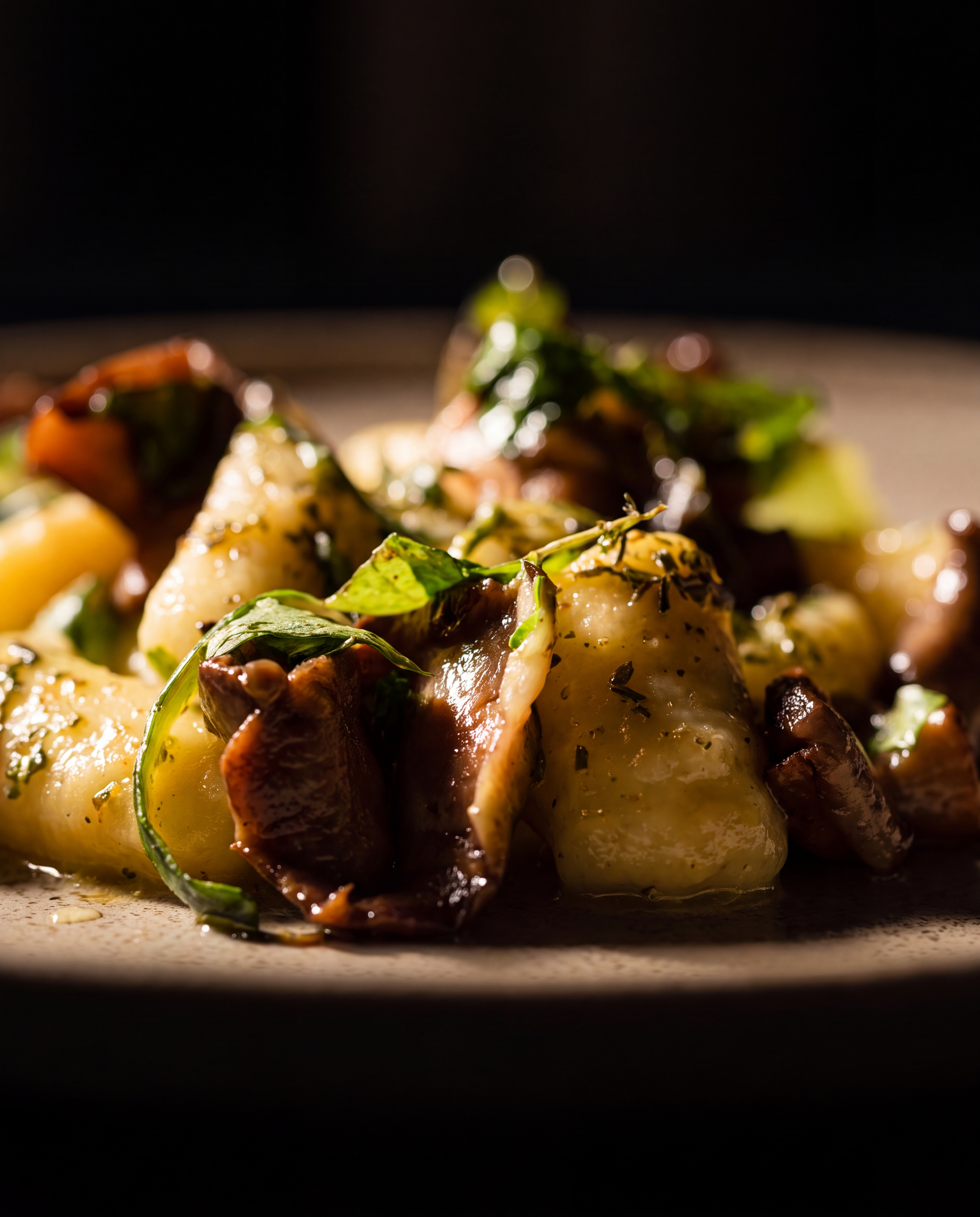 Gnocchi with sautéed mushrooms, zucchini, and fresh herbs on a white plate, served in a dark restaurant setting.