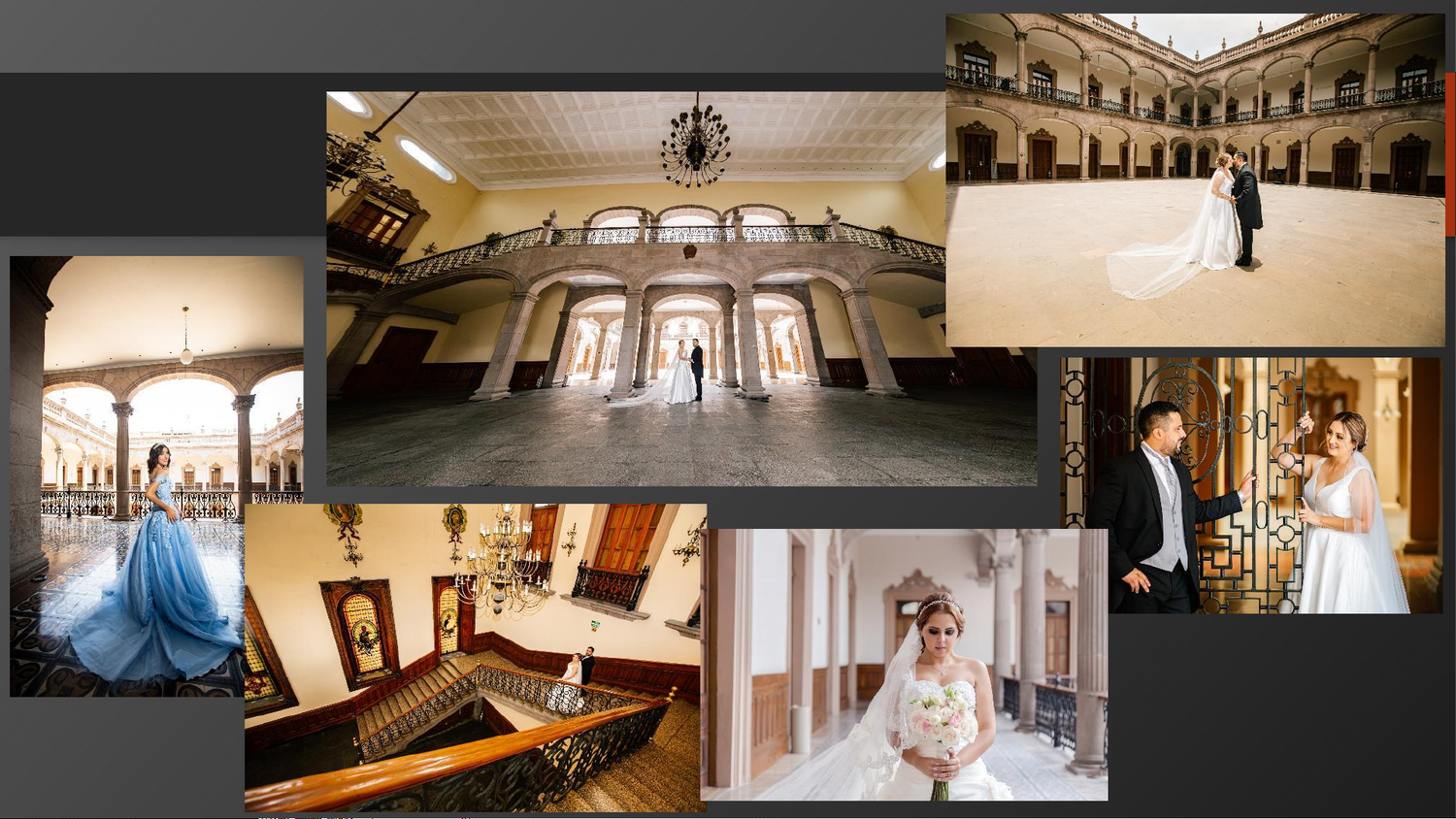 Elegant wedding photo collage featuring couples in grand historic venues with ornate architecture and stunning bridal gowns.