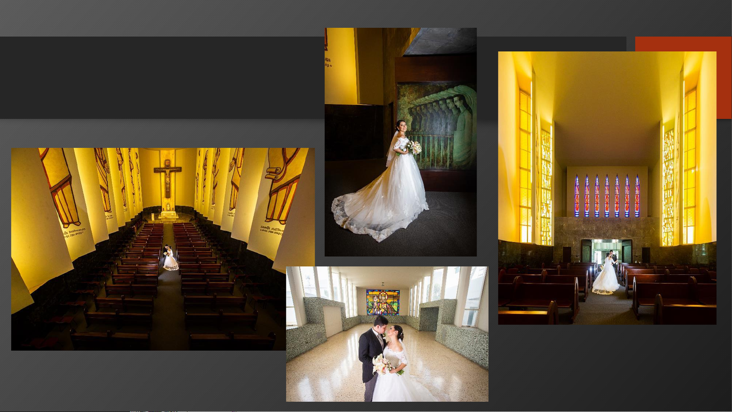 Elegant wedding photos in a golden-lit church featuring a bride in a white gown, showcasing stunning stained glass windows and wooden pews.