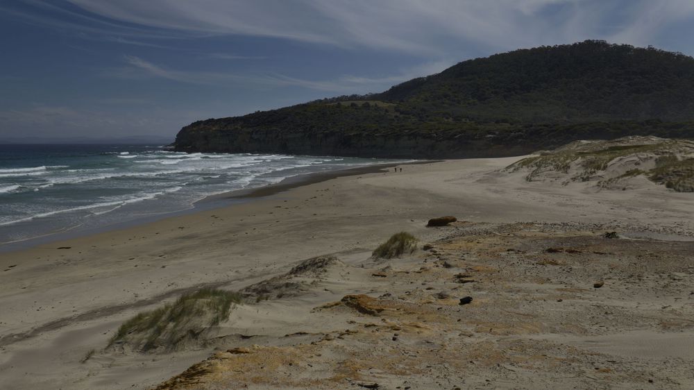 Wide sandy beach with rolling waves, coastal dunes, and a rocky headland under a cloudy sky.