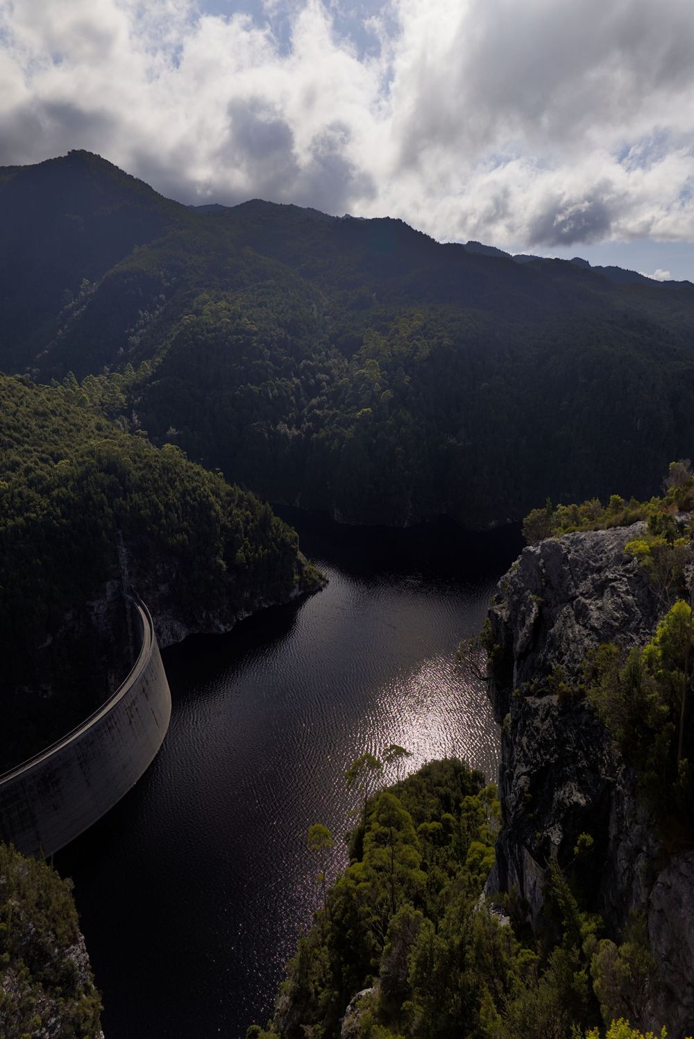 An aerial view of a curved dam wall beside a dark river gorge flanked by forested mountains.