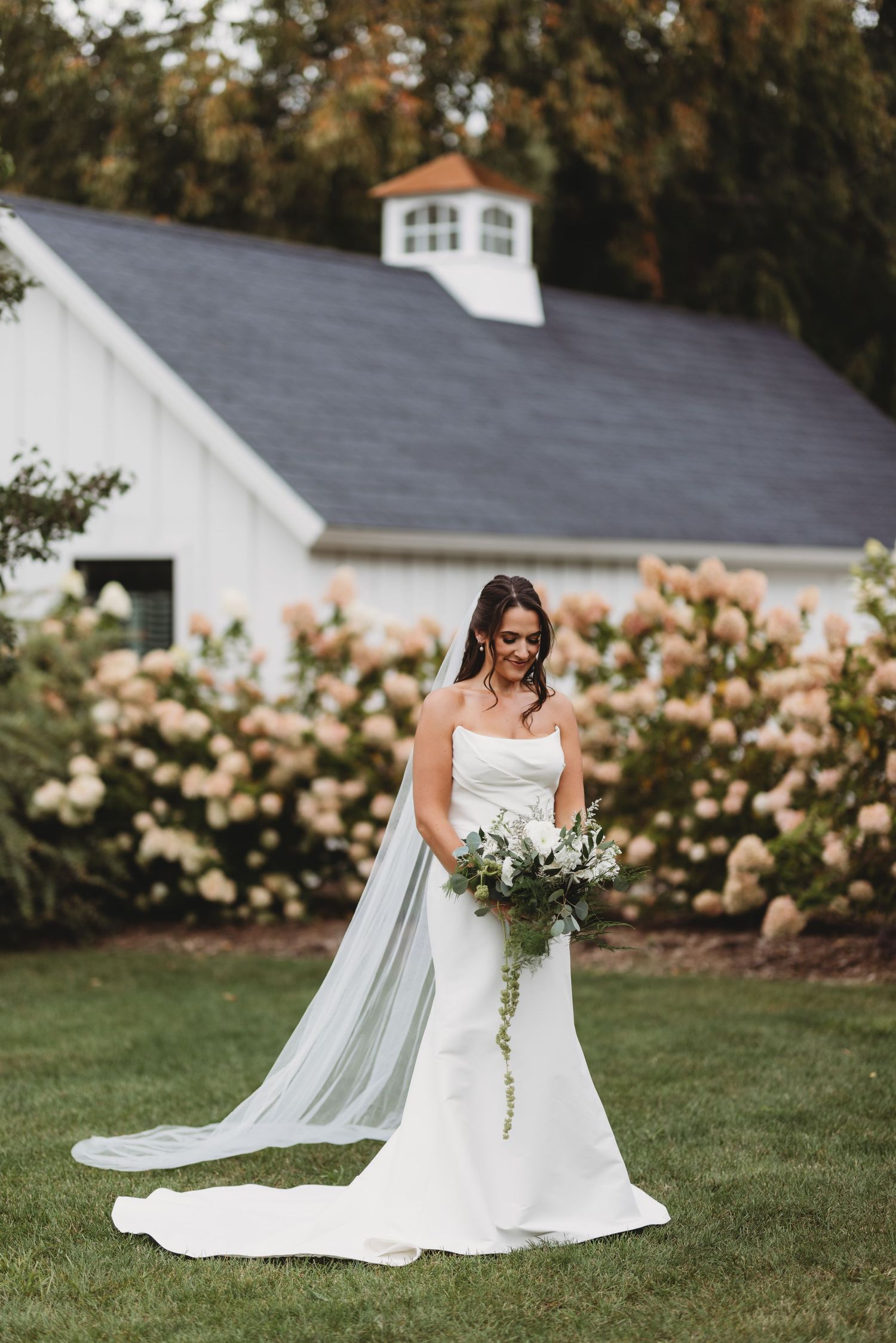 Bride in strapless gown with cathedral veil holding cascading bouquet before white barn wedding venue.