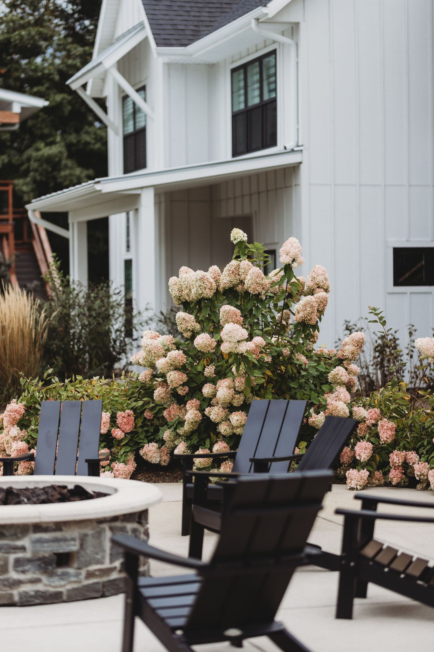 Black Adirondack chairs surround a stone fire pit beside blooming pink hydrangeas at a white farmhouse.