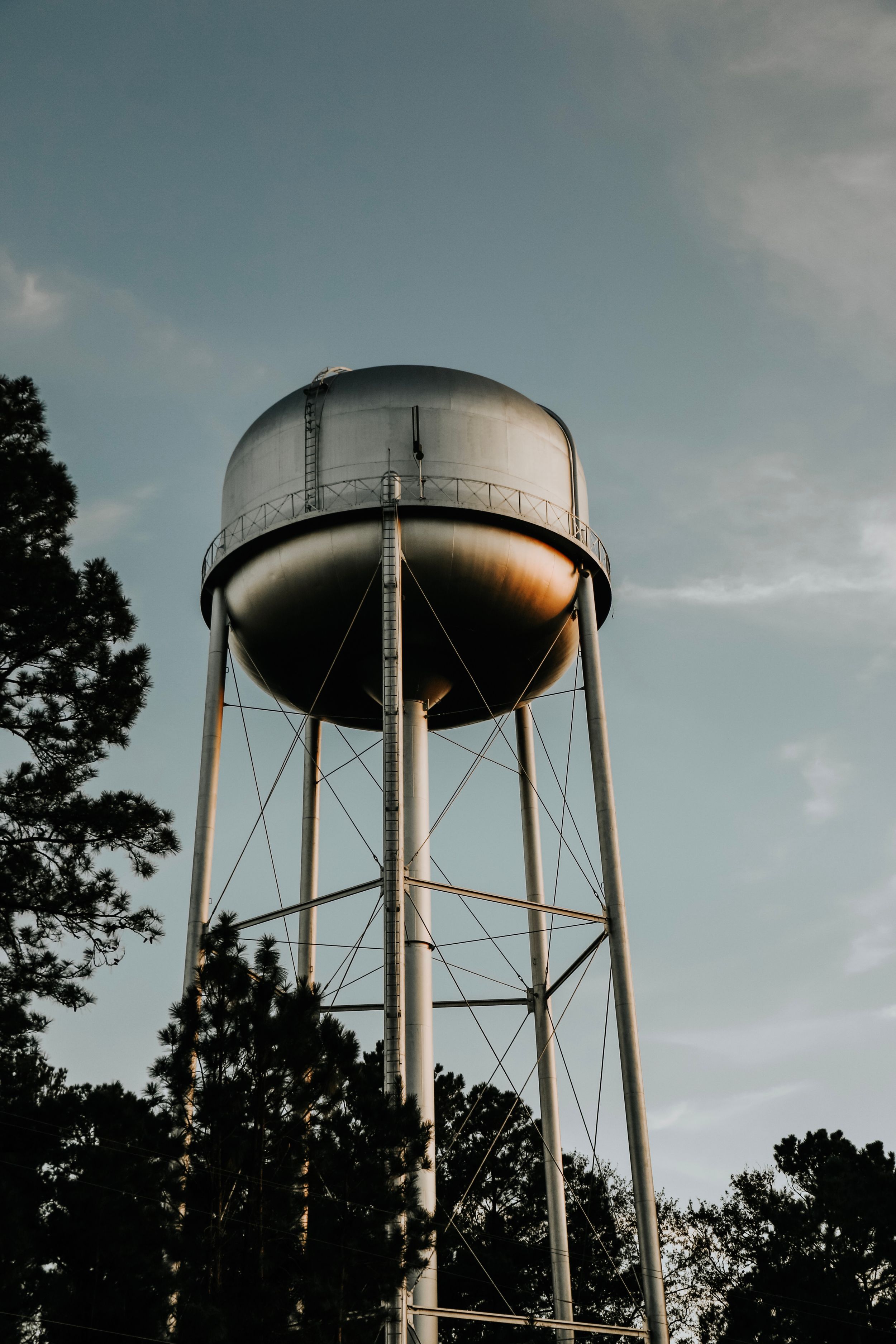 Large elevated water tower silhouetted against dusky blue sky with pine trees.