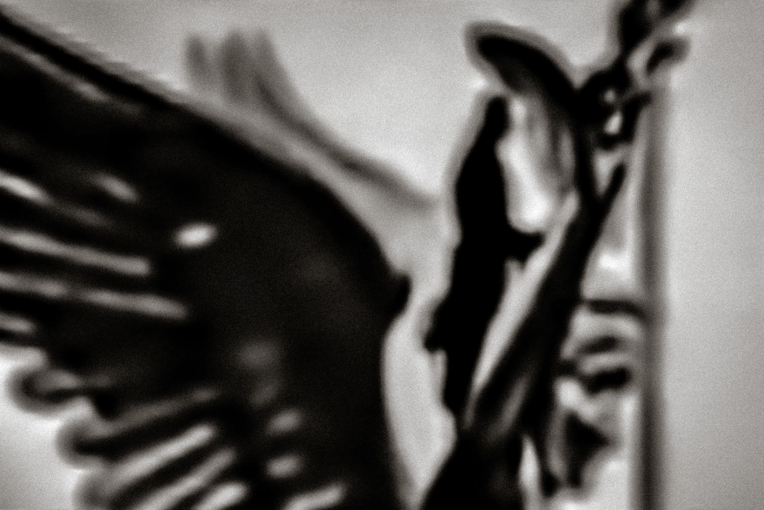 Black and white silhouette of a winged angel statue holding a staff against a dramatic dark background.