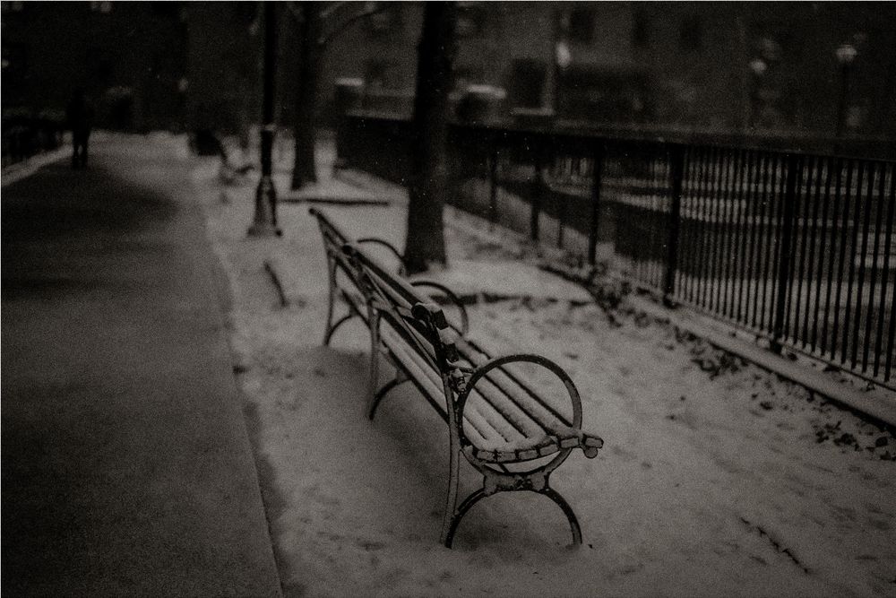 Snow-covered iron park bench along a tree-lined sidewalk with black metal fence in winter.