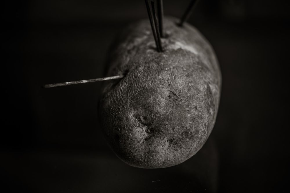 Close-up of a dark, textured potato with metal skewers inserted, captured in dramatic black and white lighting.
