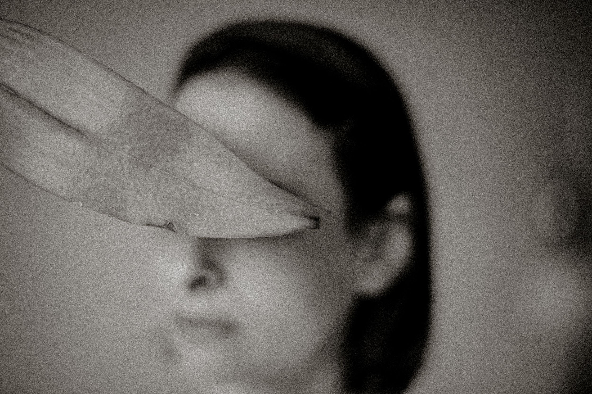 Black and white photo of a leaf in sharp focus in foreground with blurred woman in background.