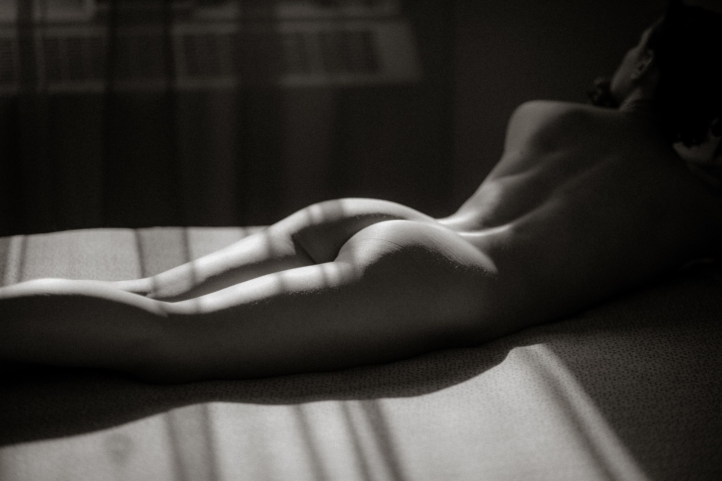 Black and white artistic nude photograph capturing elegant body curves with dramatic light and shadow patterns.