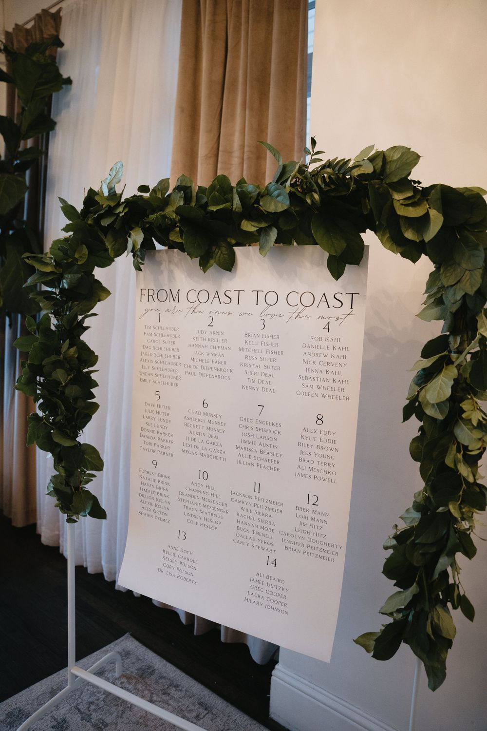 Wedding seating chart sign reading From Coast to Coast displayed on a stand adorned with lush green garland.