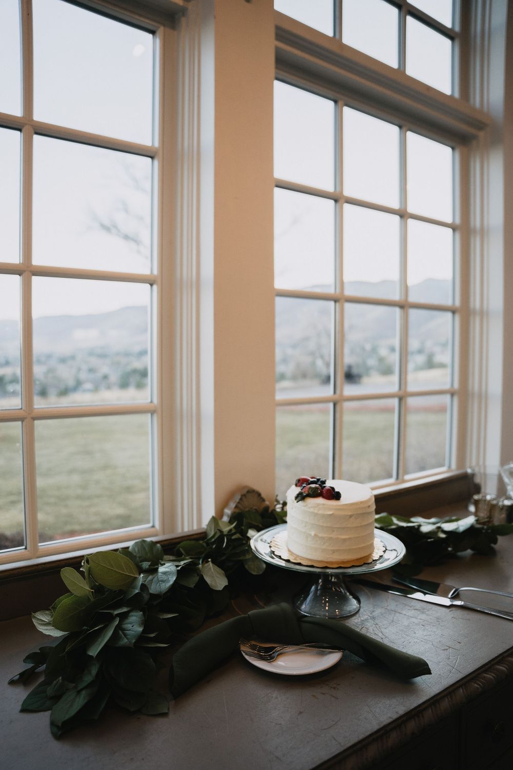 Single-tier white wedding cake on a pedestal stand beside greenery on a rustic table with scenic mountain window views.