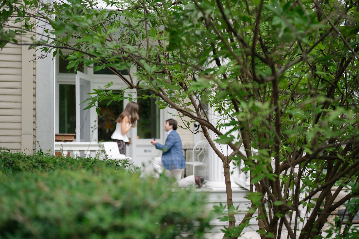 A peek of man on one knee through an opening of a tree branch.