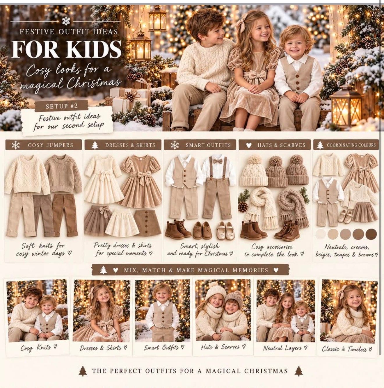 Festive Christmas outfit ideas for kids in cozy cream and neutral tones, showing knits, dresses, vests, hats and scarves.