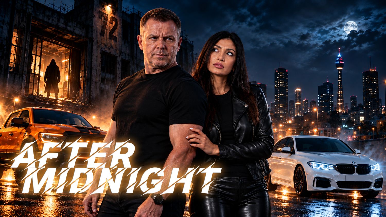 Movie poster for After Midnight showing a man and woman in black leather standing before a glowing city skyline at night with cars.