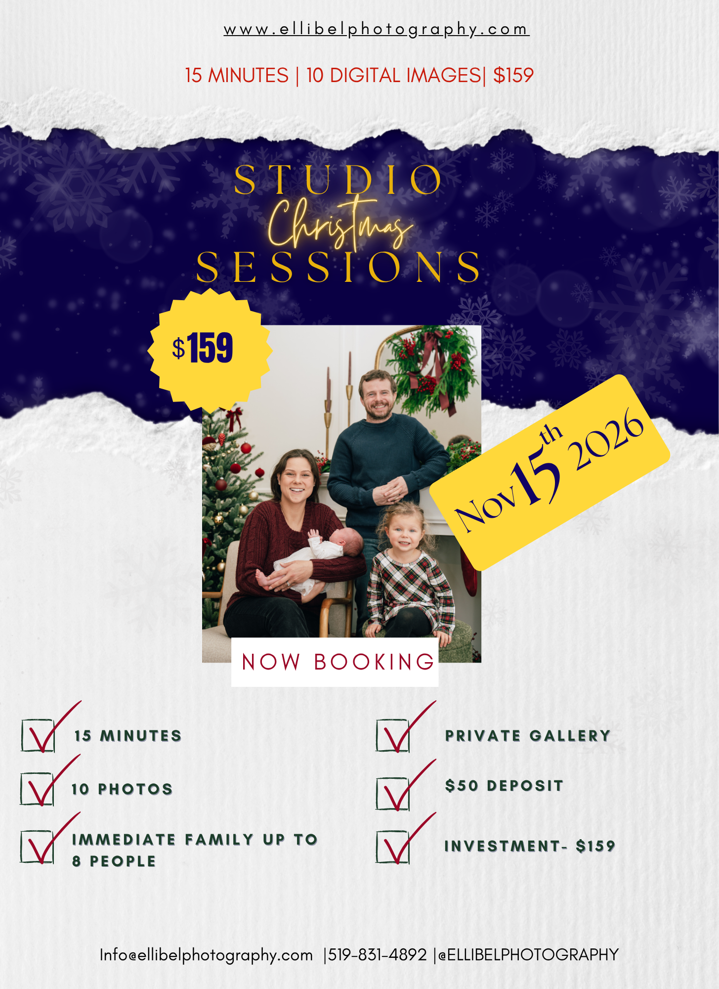 Fall outdoor mini photo sessions flyer for Elli Bel Photography, October 2023, priced at $120.
