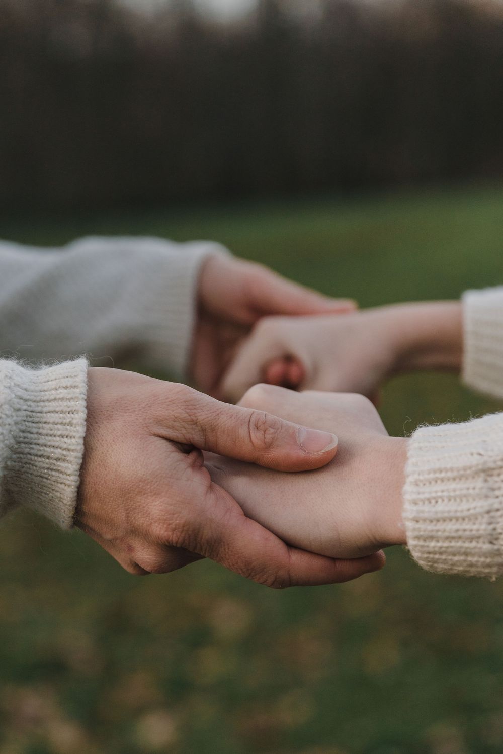Two people in cozy knit sweaters gently hold hands outdoors on a grassy field with a softly blurred background.