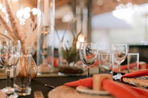 Elegant wedding reception table set with wine glasses, coral napkins, woven placemats, and dried pampas grass in a glass vase.